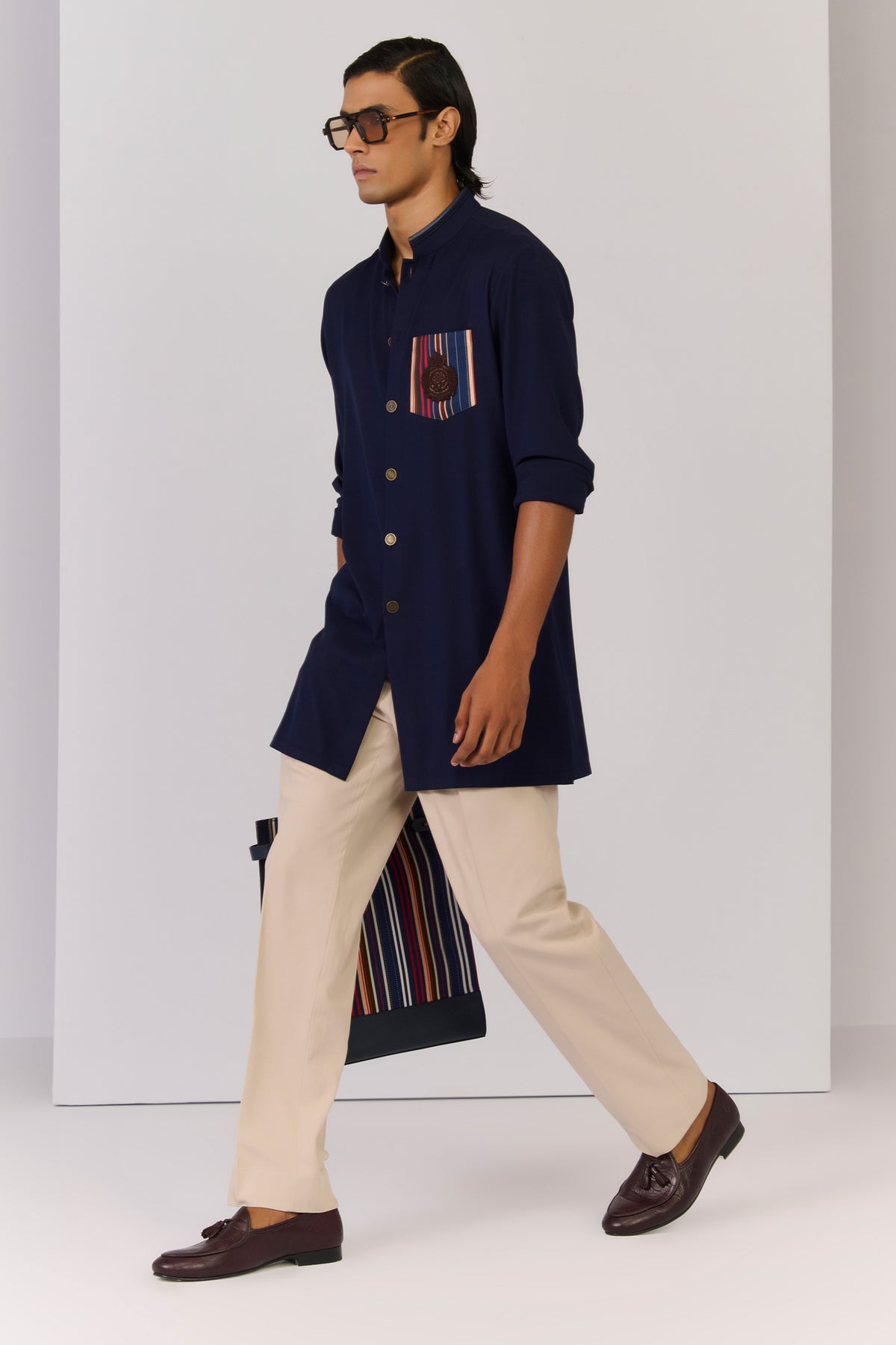 Navy Kurta with Printed Pocket