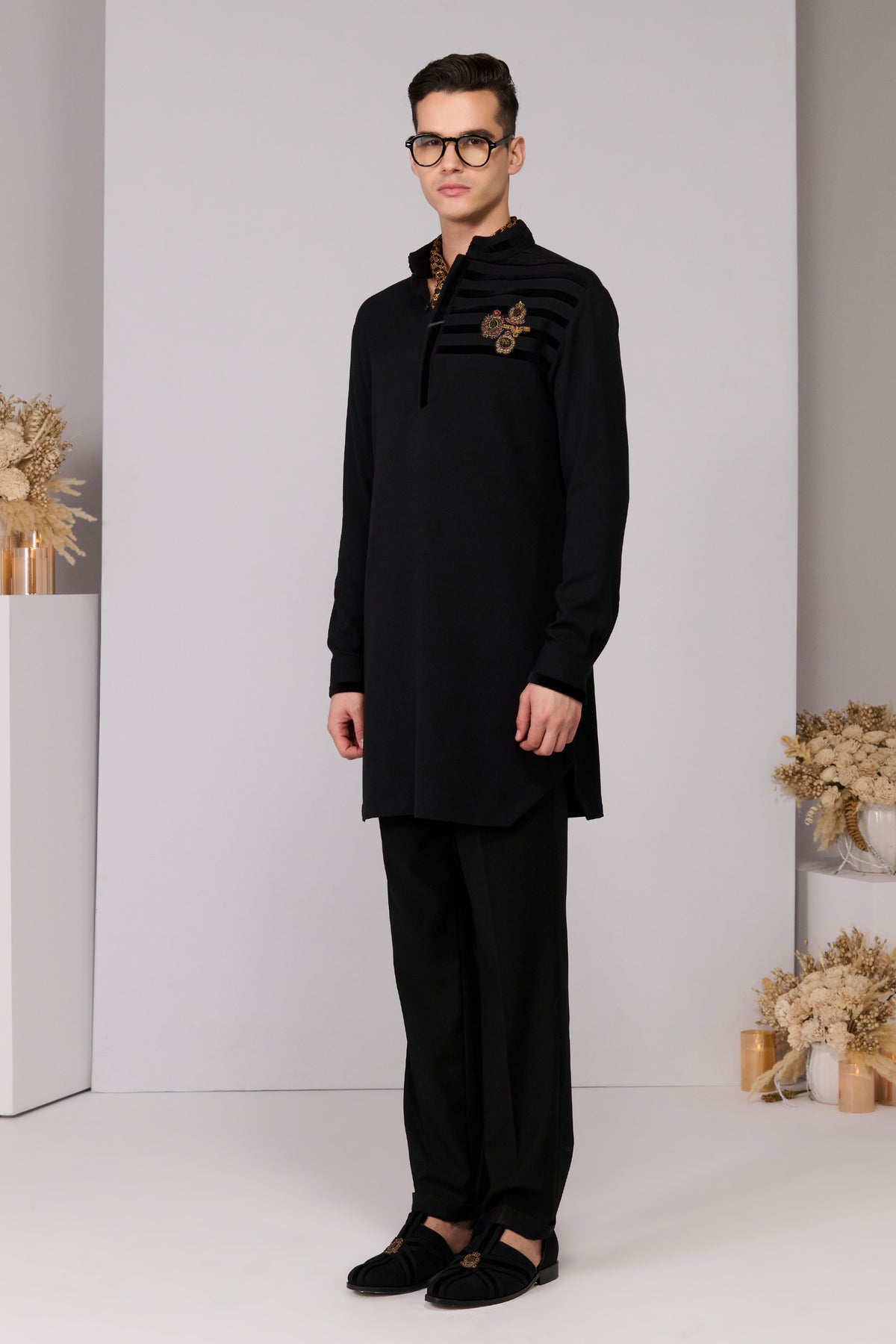 Black Kurta with Velvet Engraved Panel