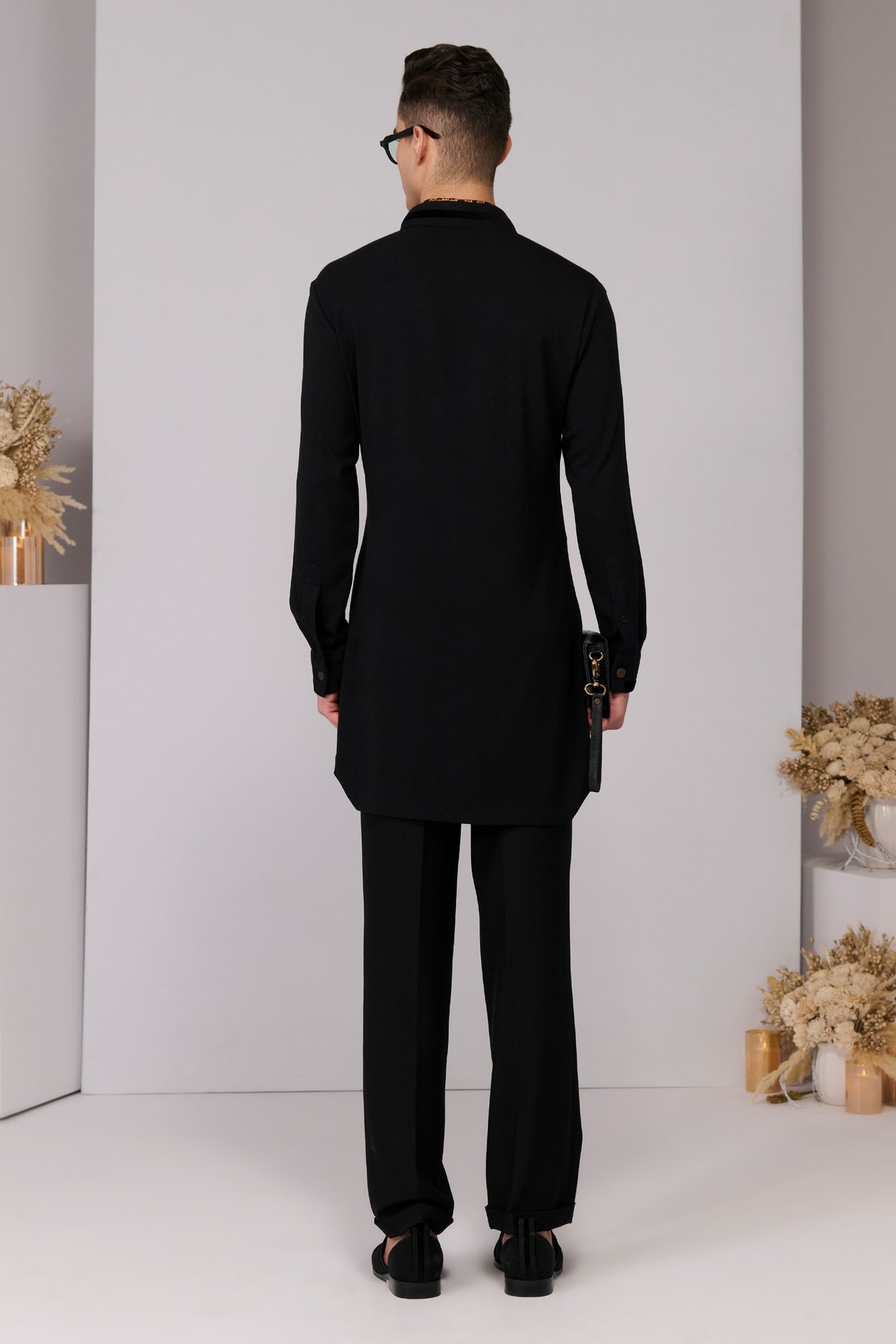 Black Kurta with Velvet Engraved Panel