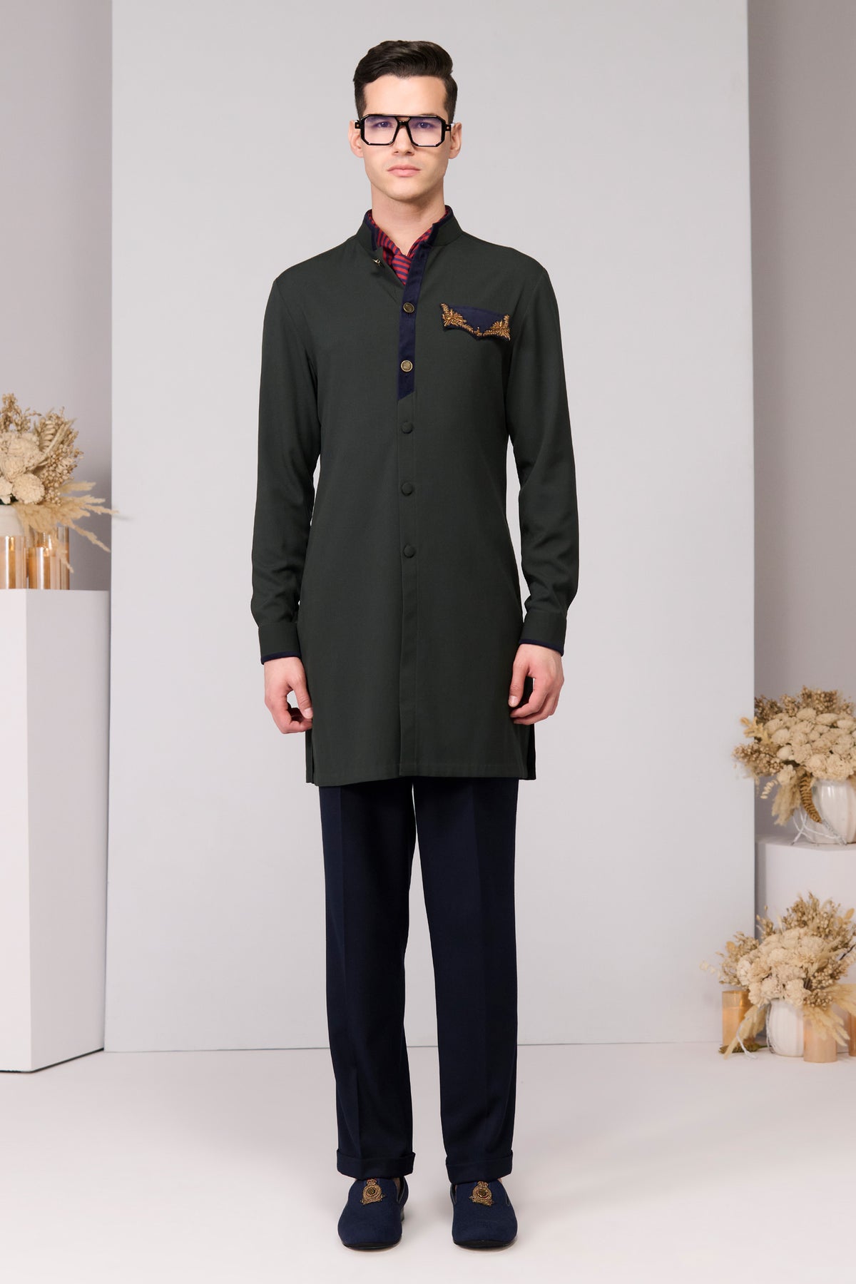 Military Green Velvet Placket Kurta