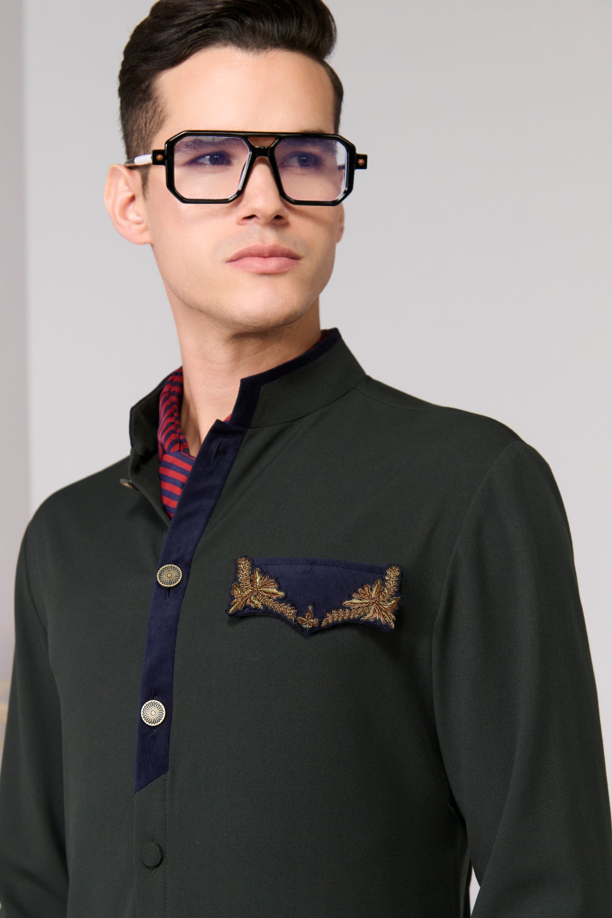 Military Green Velvet Placket Kurta