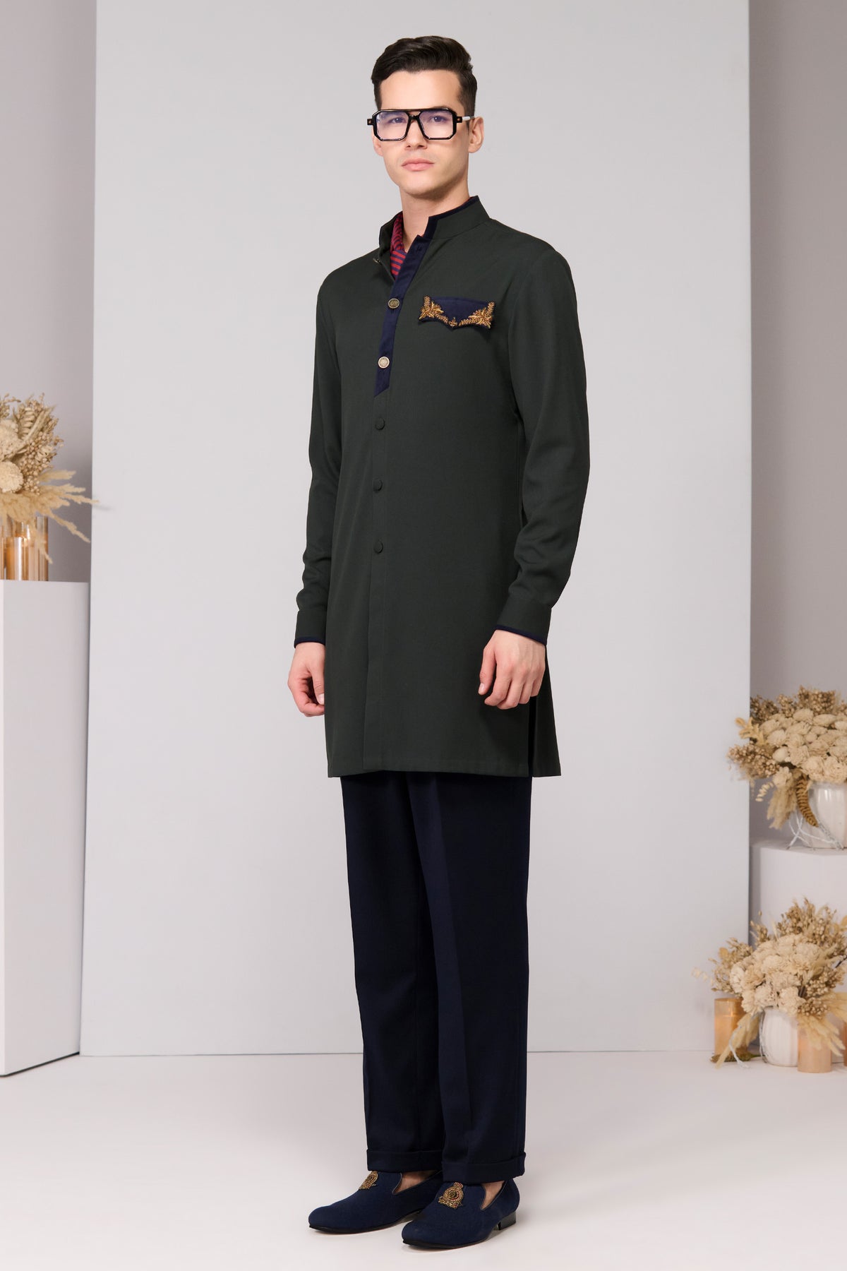 Military Green Velvet Placket Kurta