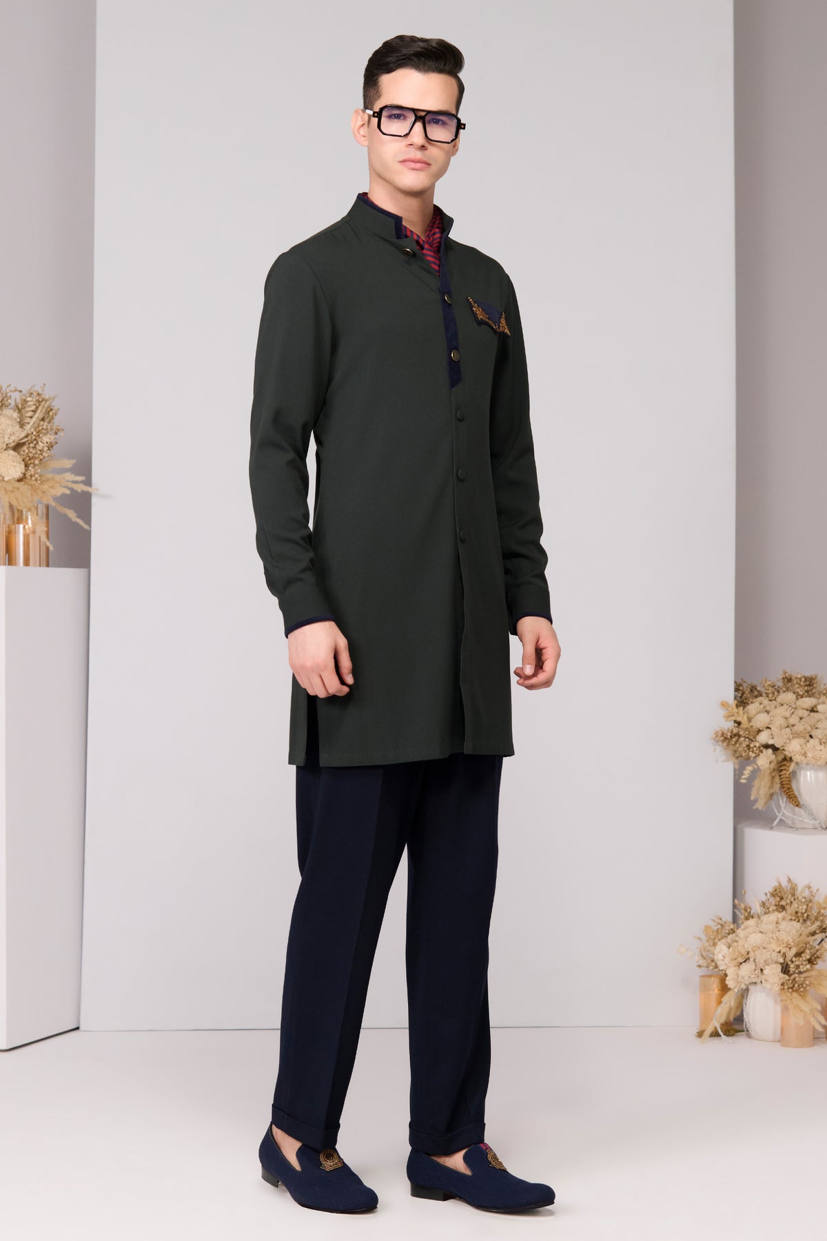 Military Green Velvet Placket Kurta