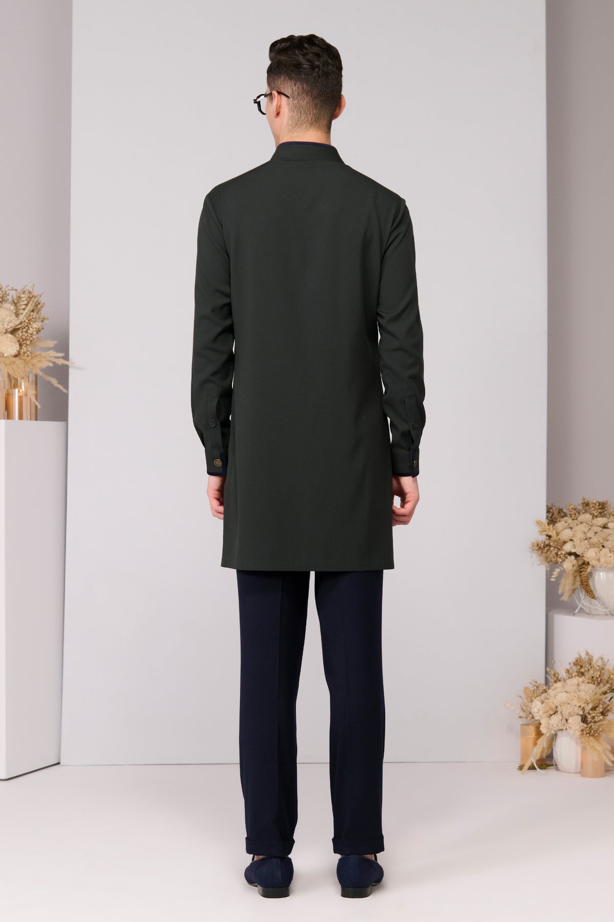 Military Green Velvet Placket Kurta