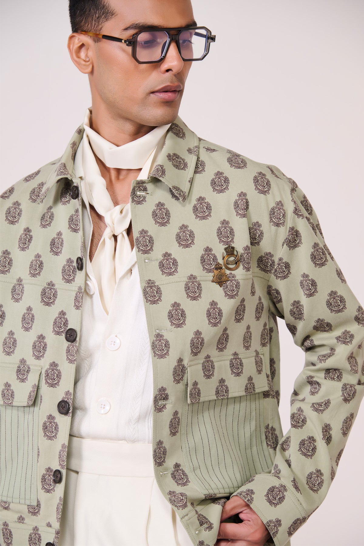 Olive Embroidered Overlay with Signature Brooch