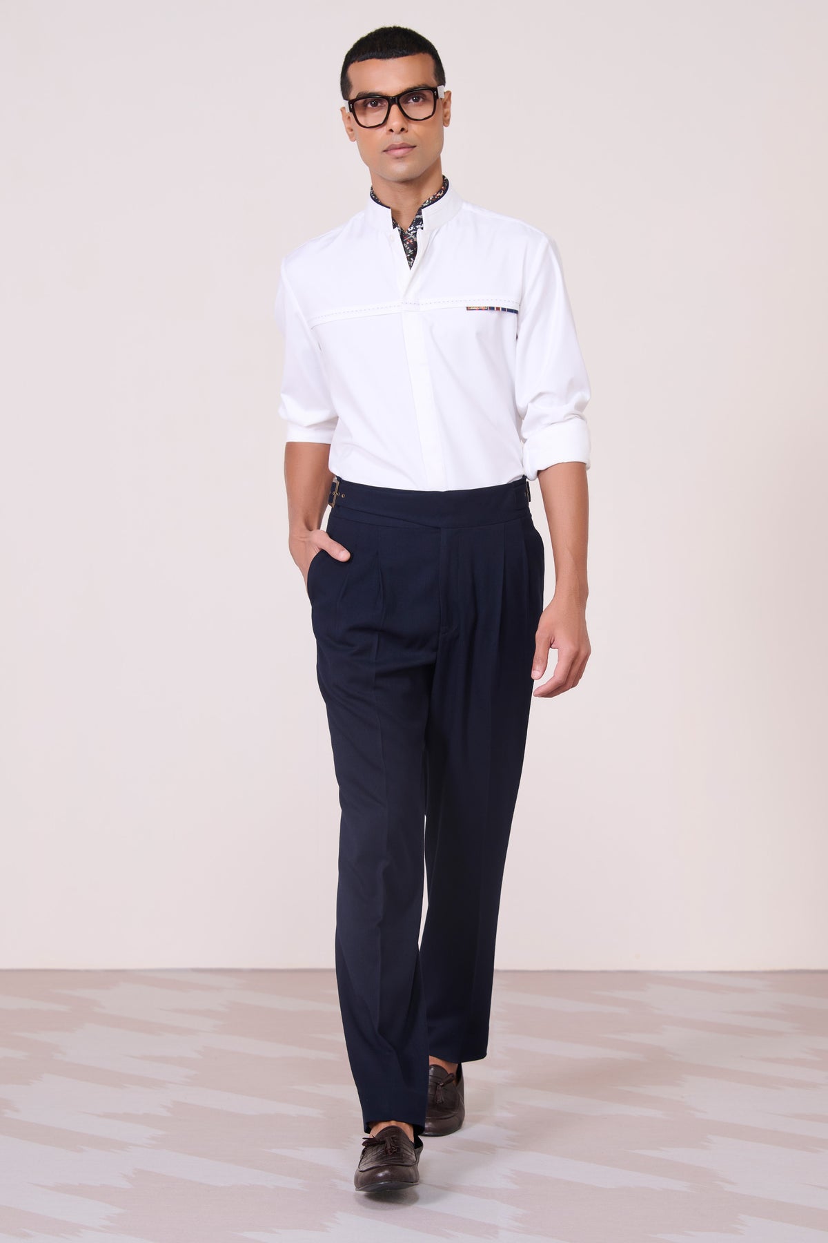 Off-White Band Collar Shirt with Thread Detail