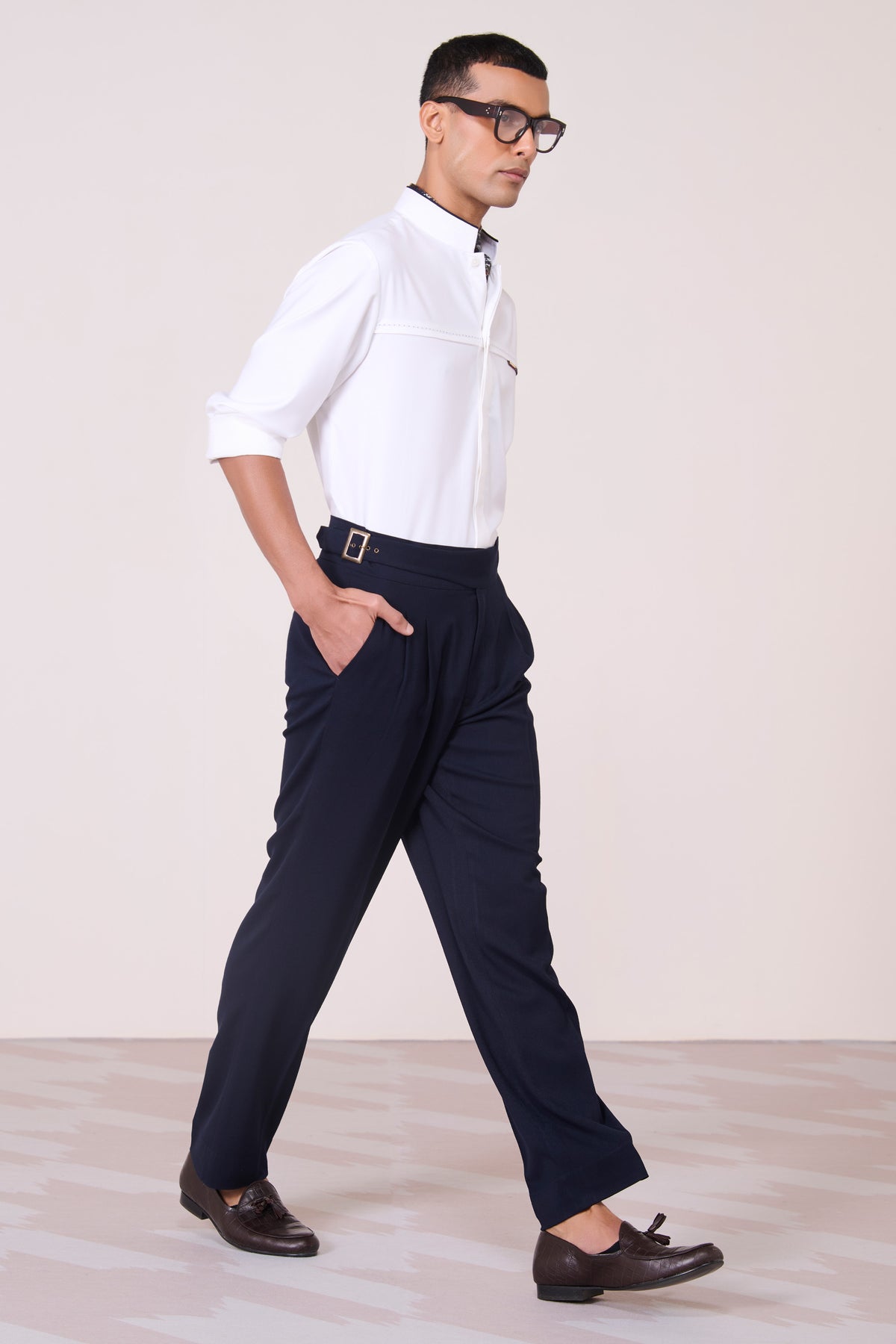 Off-White Band Collar Shirt with Thread Detail