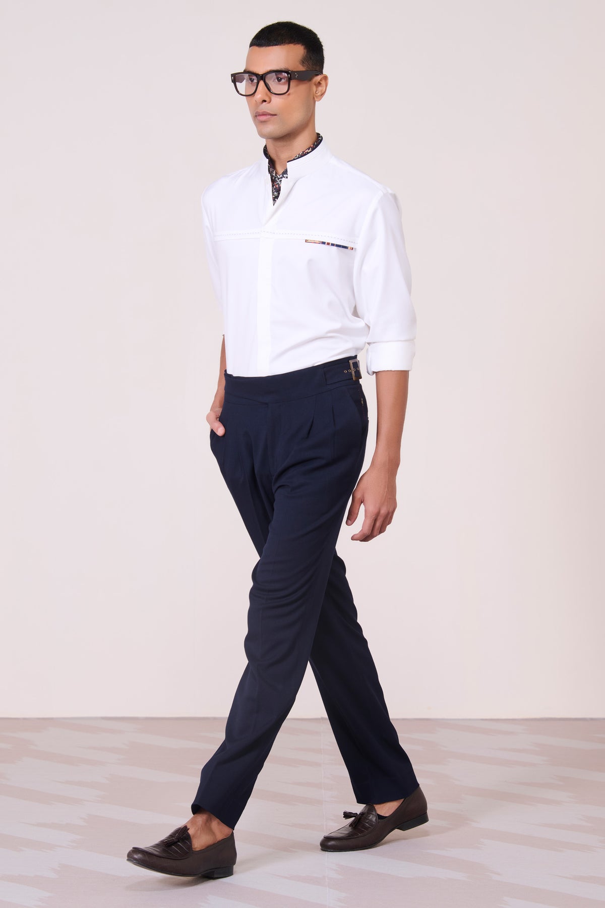 Off-White Band Collar Shirt with Thread Detail