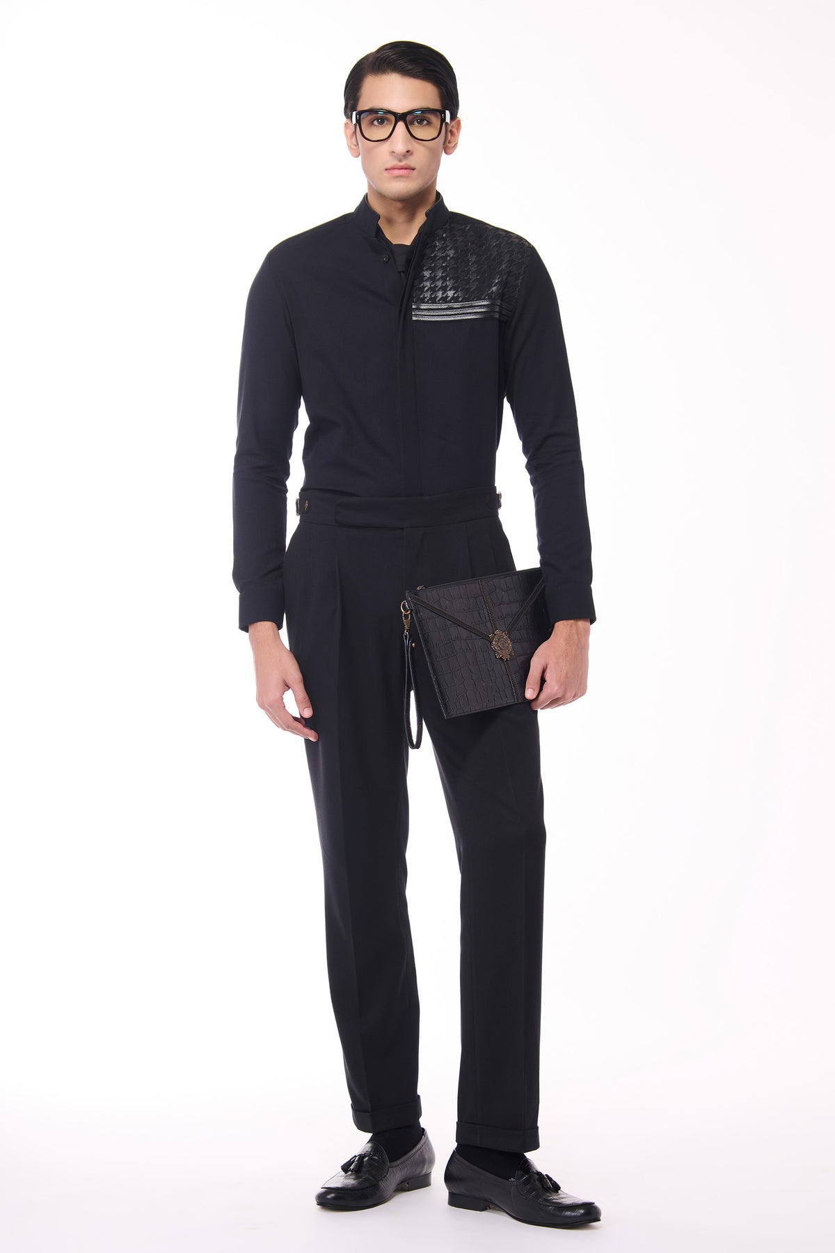 Black Shirt with Houndstooth Faux-Leather Detail