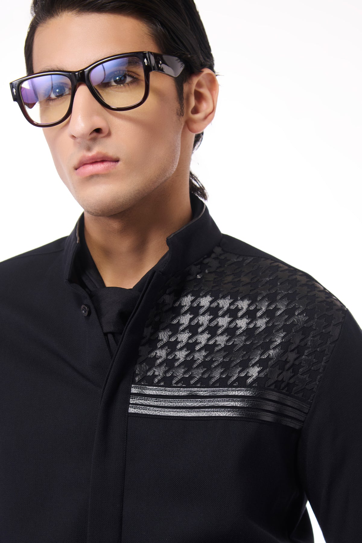 Black Shirt with Houndstooth Faux-Leather Detail