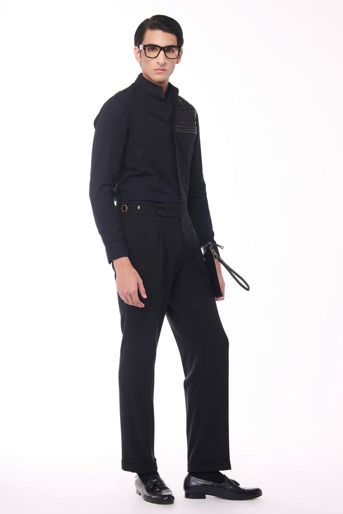 Black Shirt with Houndstooth Faux-Leather Detail