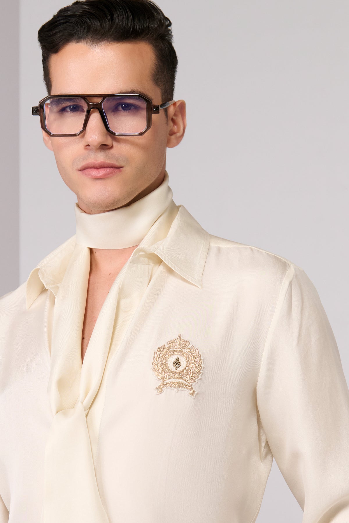Beige Crested Twill Silk Shirt
