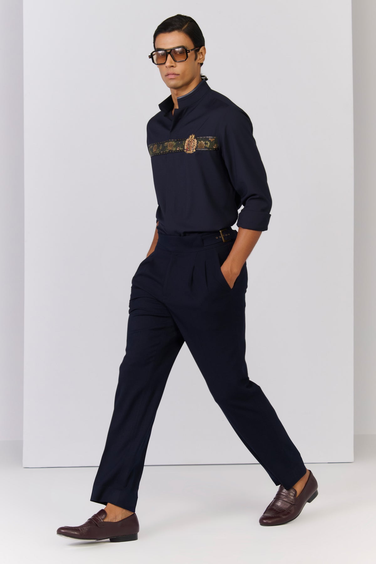 Navy Crested Shirt with Printed Engraved Panel