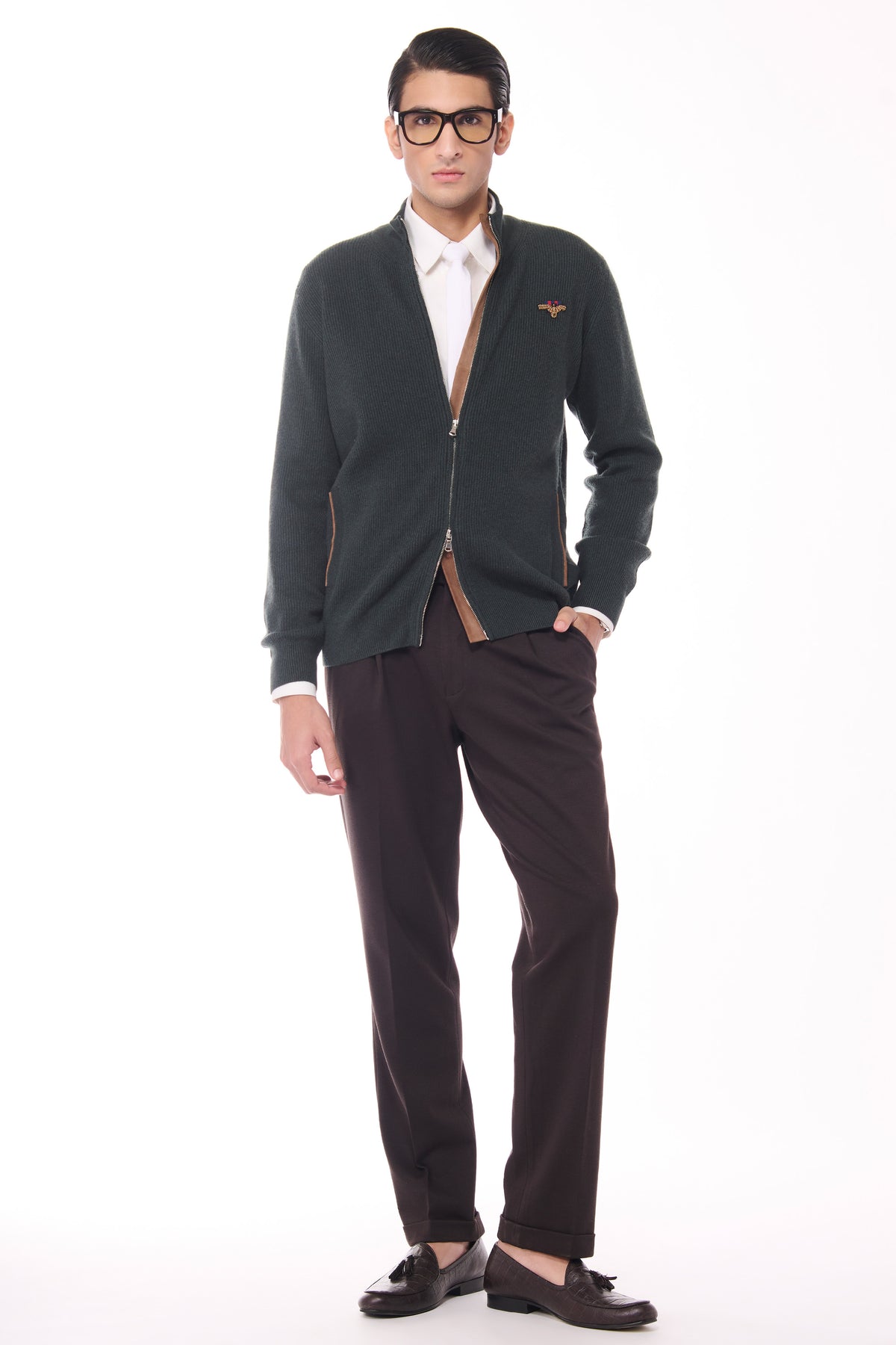 Military Green Crested Cashmere Cardigan