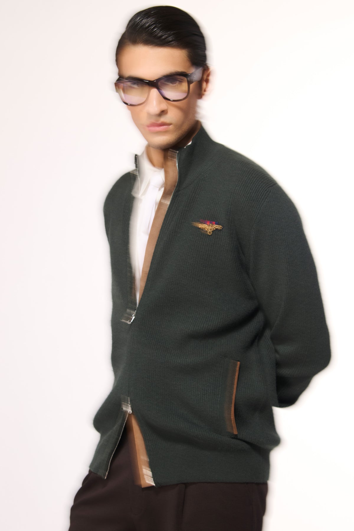 Military Green Crested Cashmere Cardigan