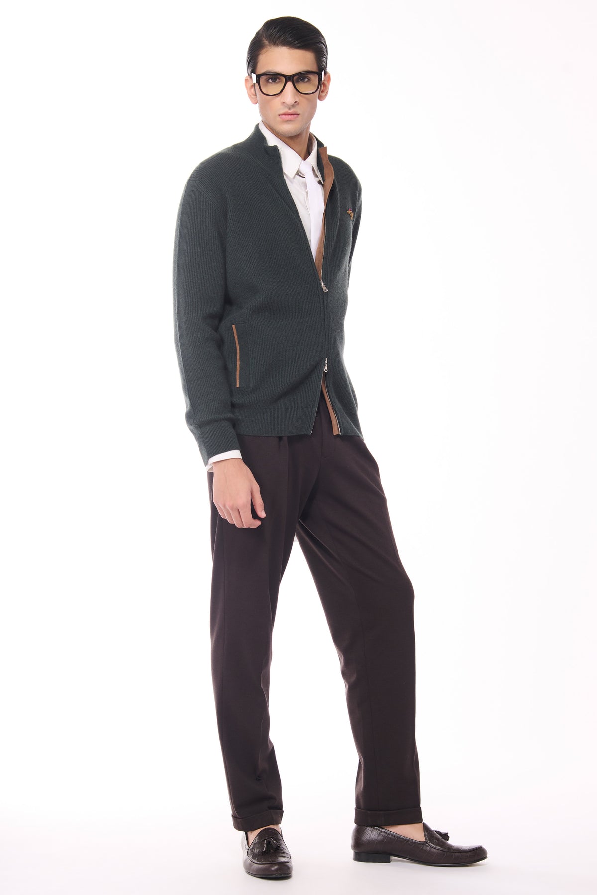 Military Green Crested Cashmere Cardigan