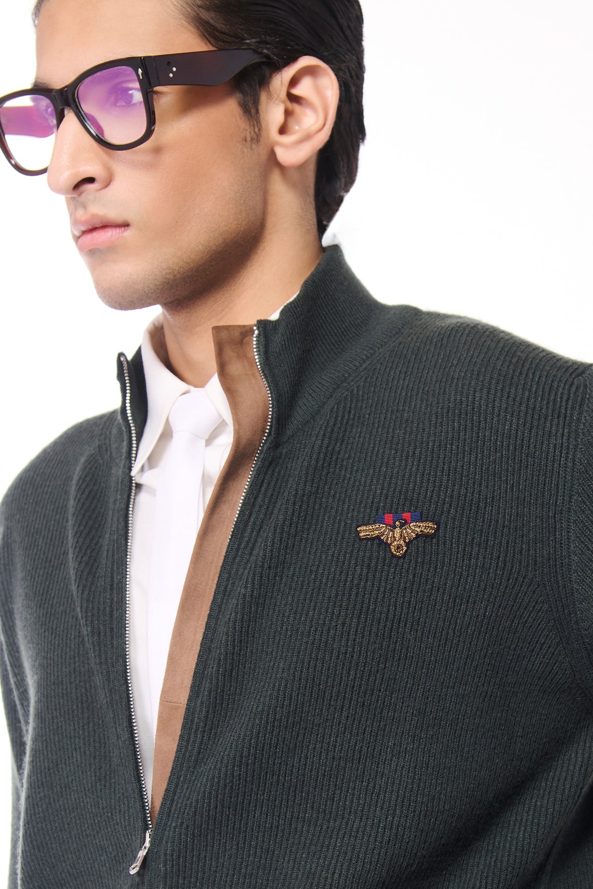Military Green Crested Cashmere Cardigan