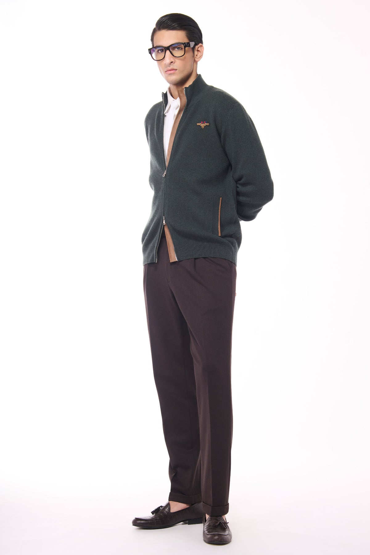 Military Green Crested Cashmere Cardigan