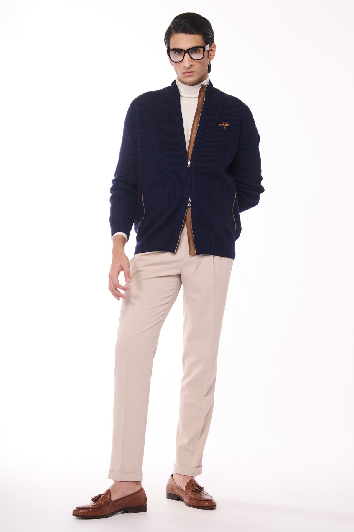 Navy Crested Cashmere Cardigan