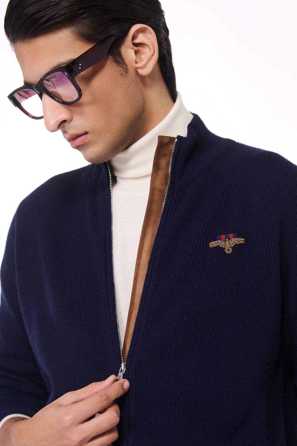 Navy Crested Cashmere Cardigan
