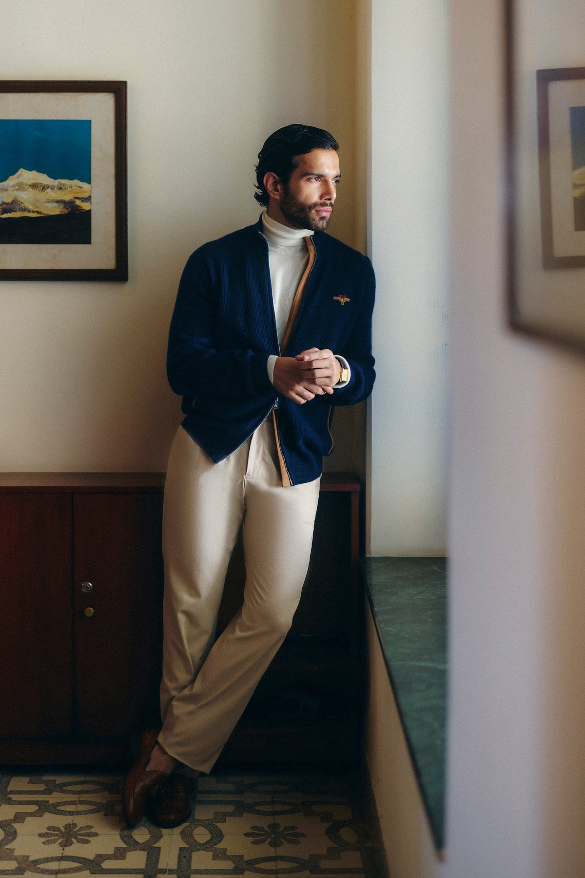 Navy Crested Cashmere Cardigan