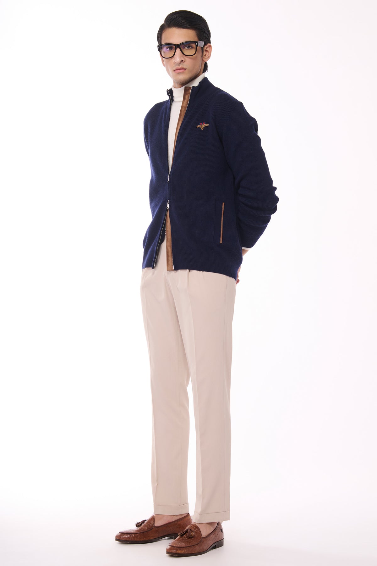 Navy Crested Cashmere Cardigan