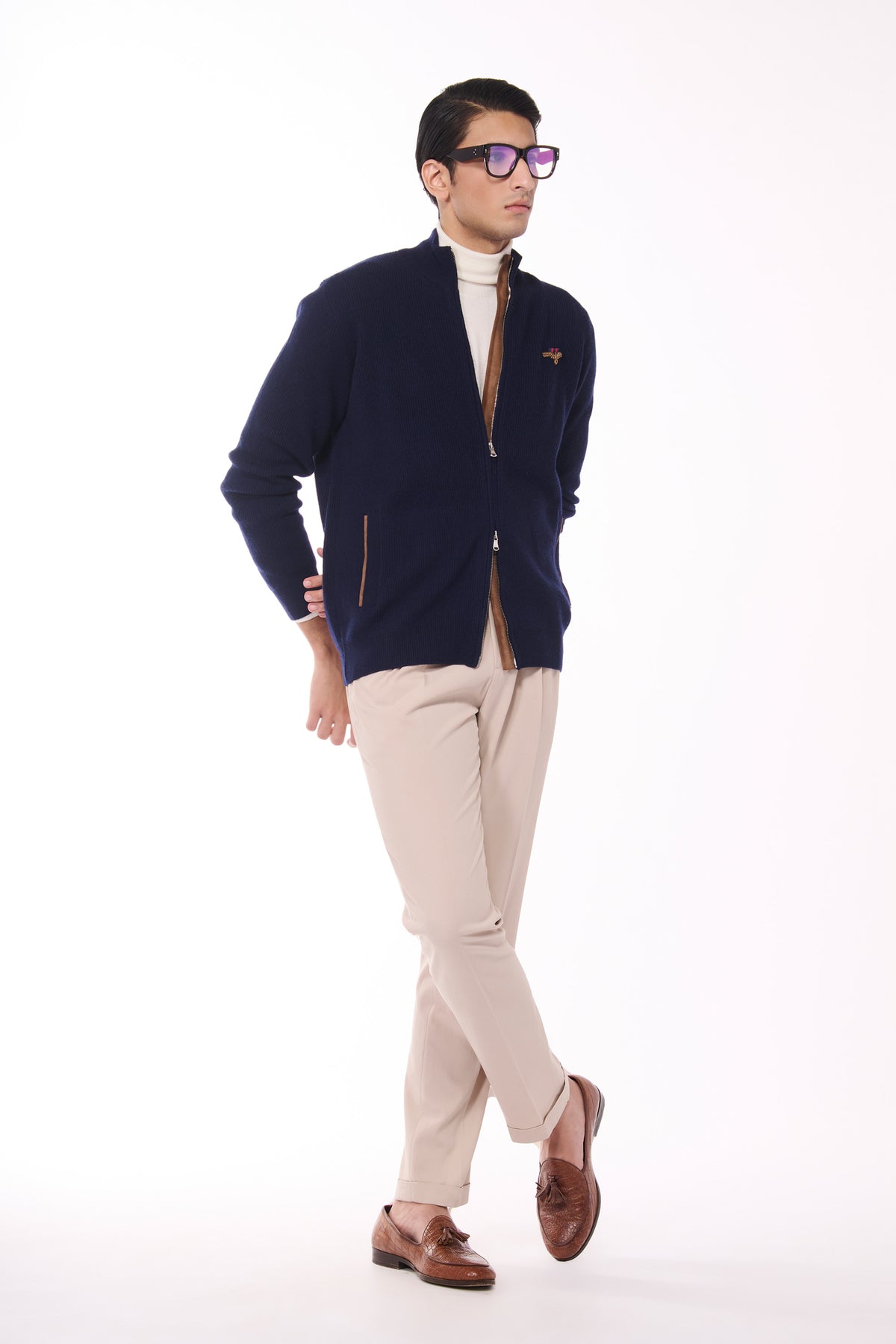 Navy Crested Cashmere Cardigan