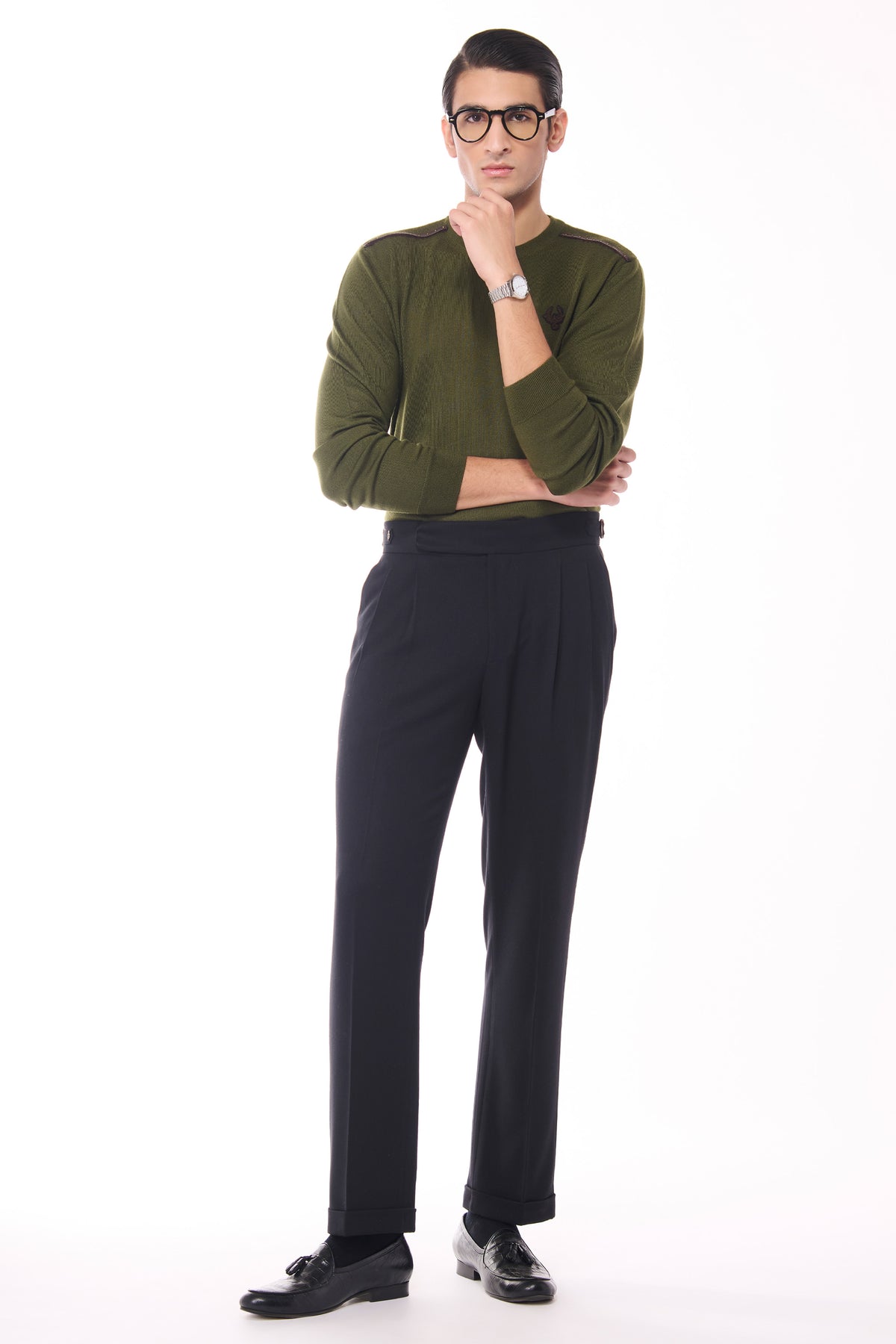 Military Green Merino Wool Crested Sweater