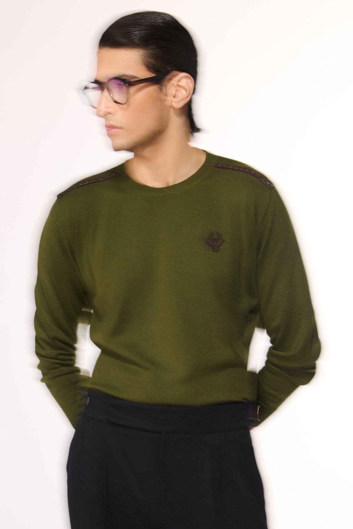 Military Green Merino Wool Crested Sweater