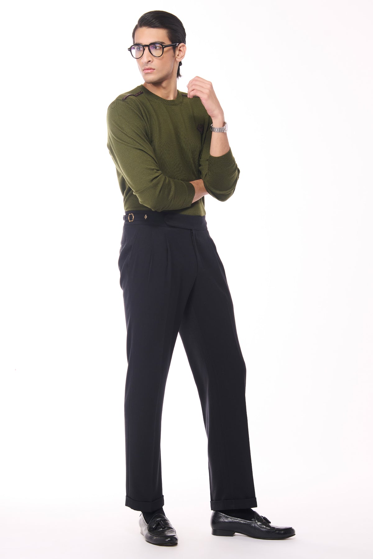 Military Green Merino Wool Crested Sweater