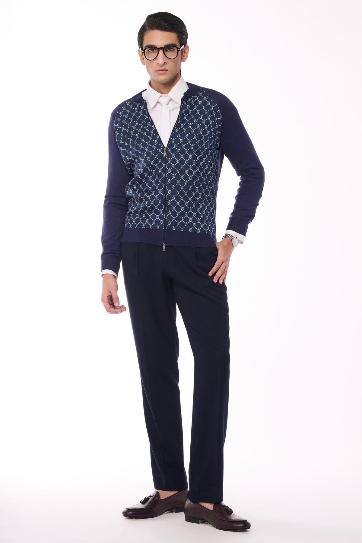Navy Adamas Printed Merino Bomber Jacket