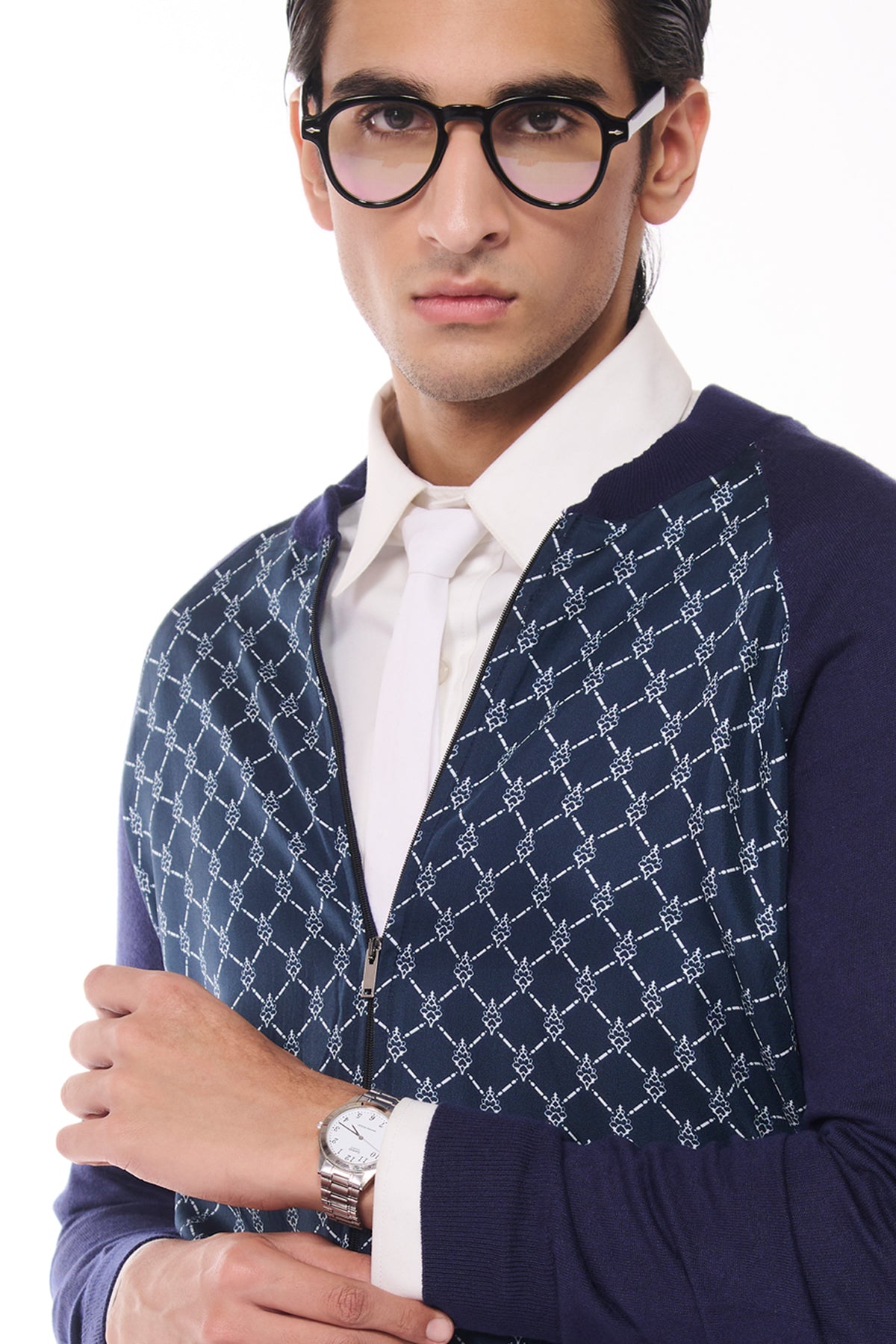 Navy Adamas Printed Merino Bomber Jacket