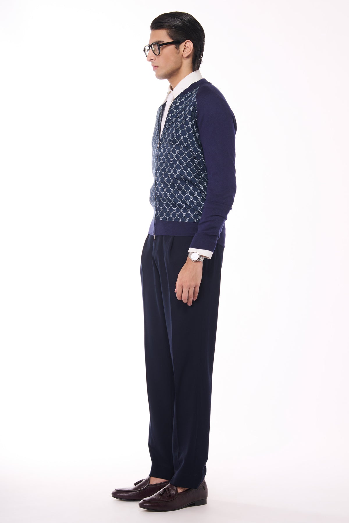 Navy Adamas Printed Merino Bomber Jacket