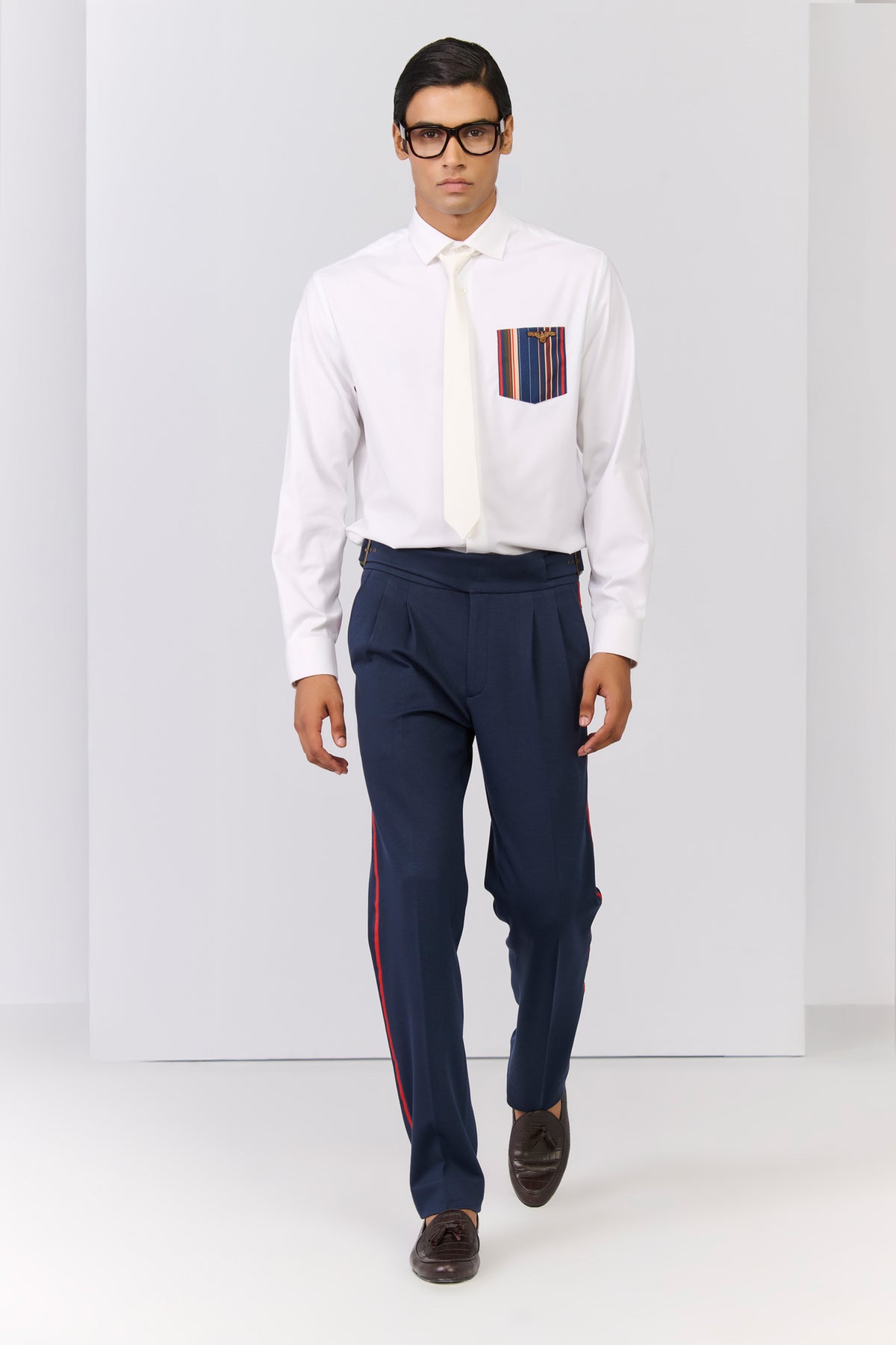 Navy Cross Flap Trousers with Tape Detailing