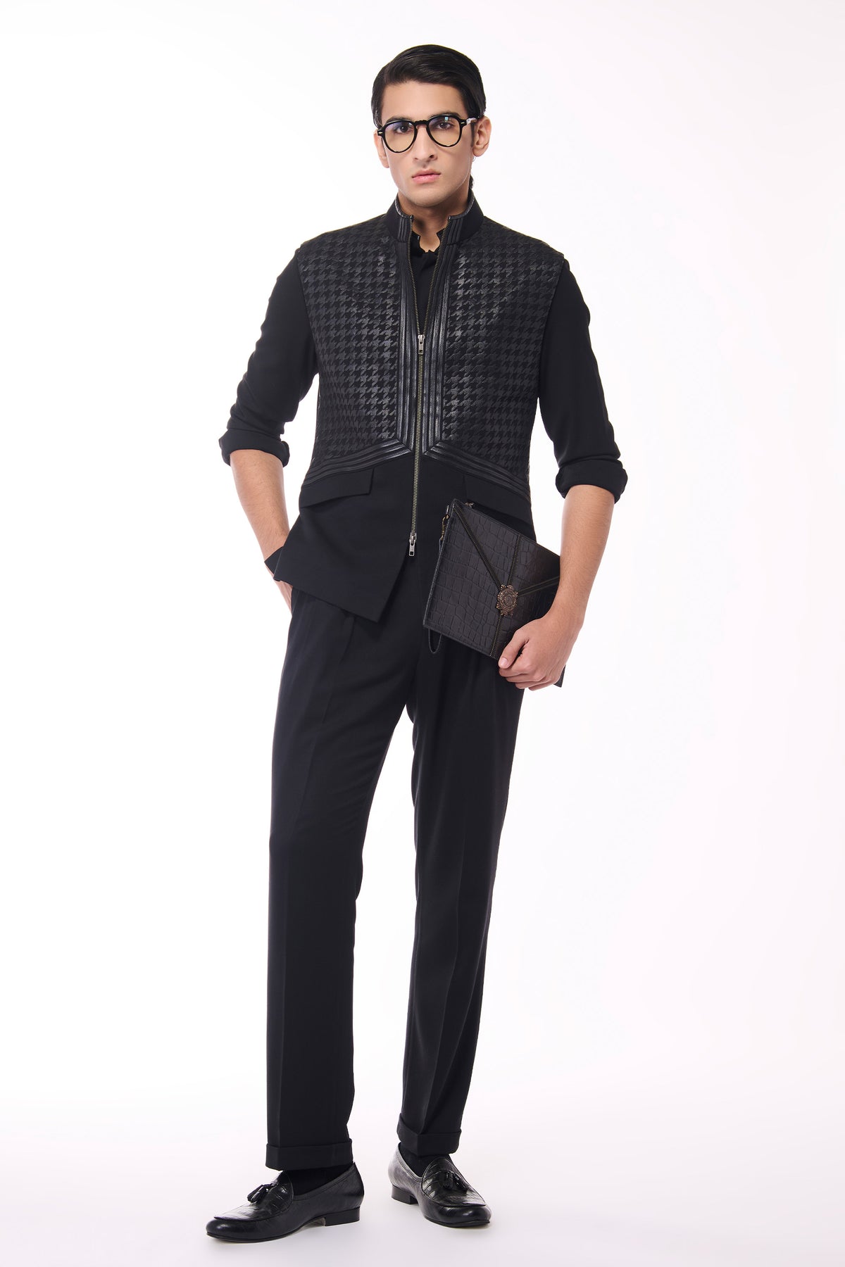 Black Waistcoat with Houndstooth Faux-Leather Detail