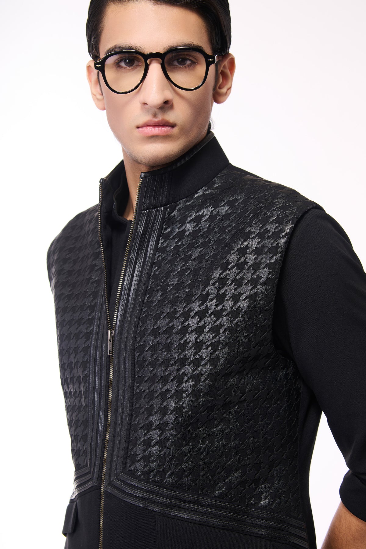 Black Waistcoat with Houndstooth Faux-Leather Detail
