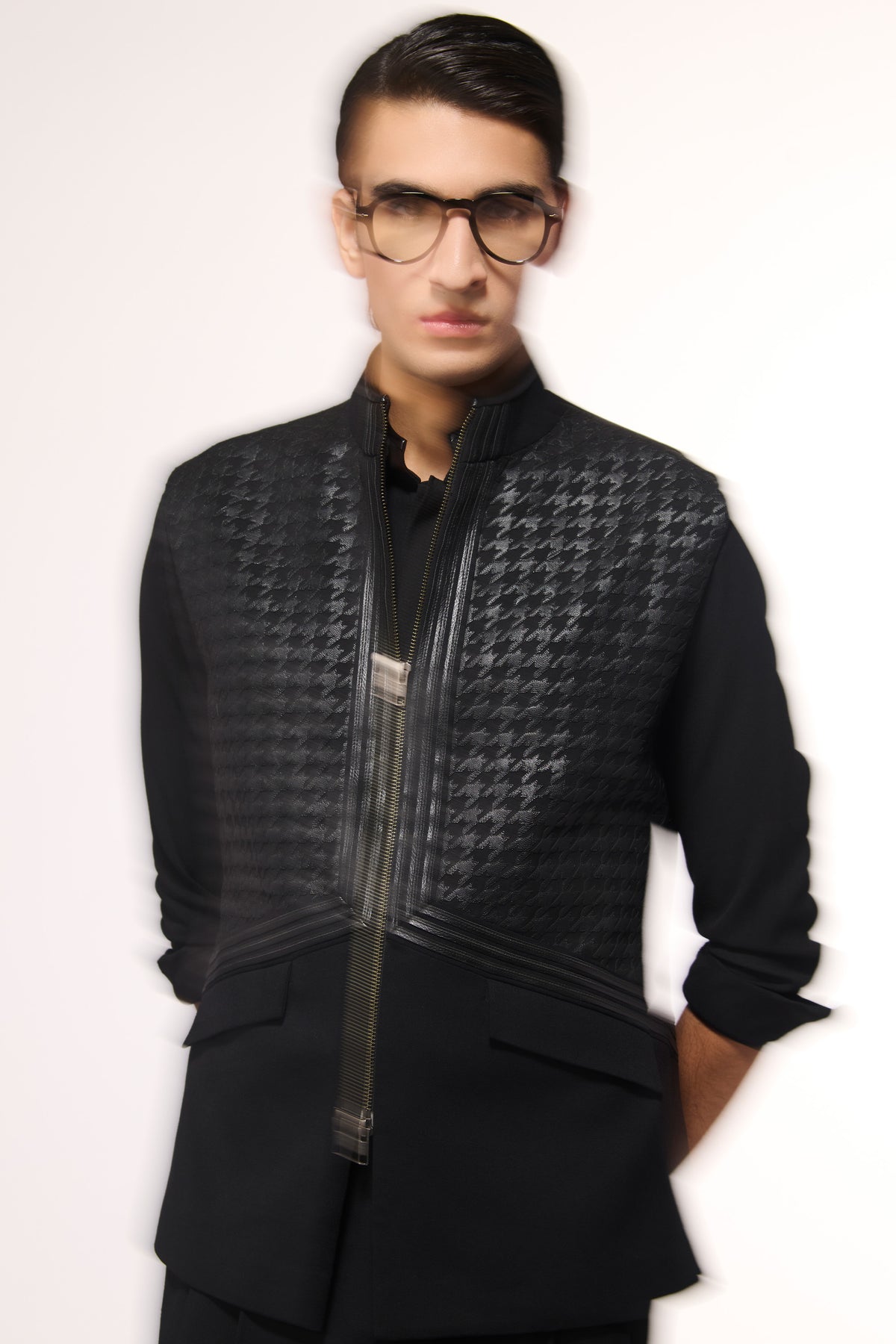 Black Waistcoat with Houndstooth Faux-Leather Detail
