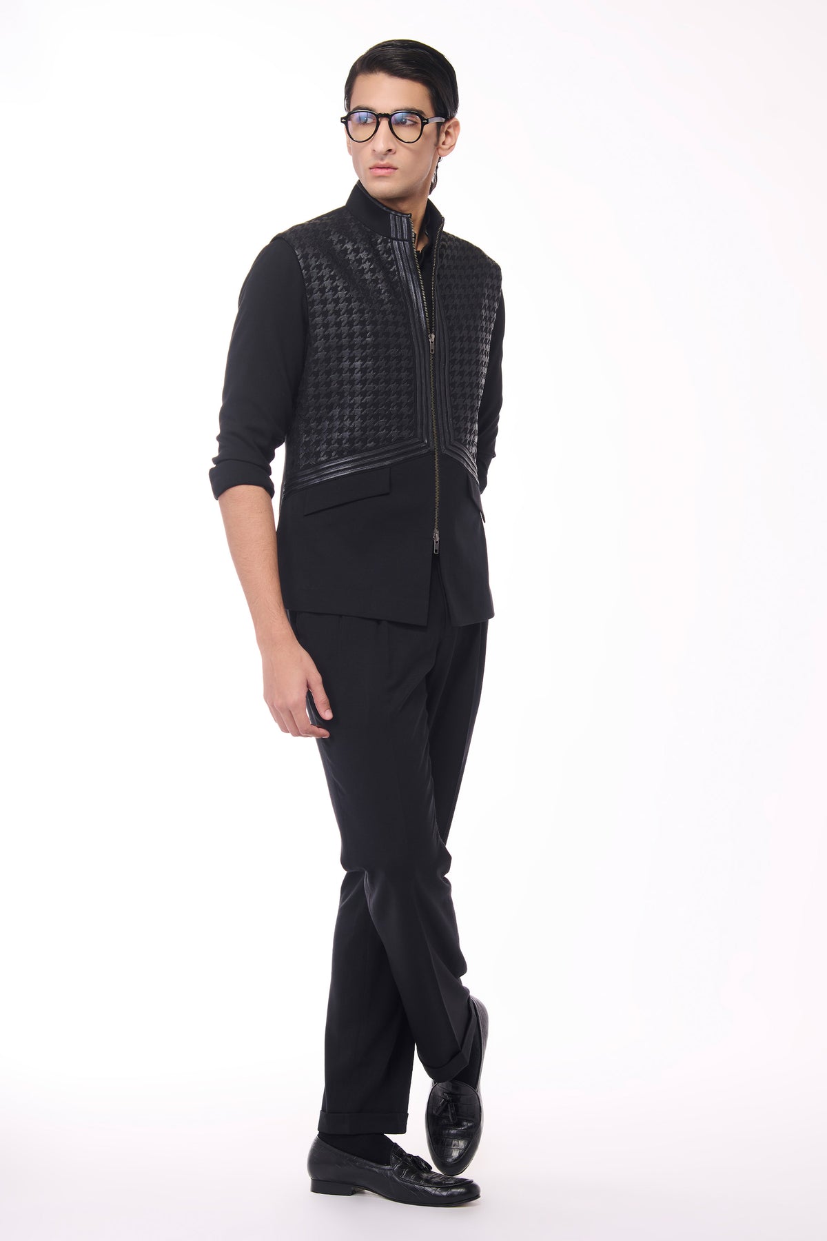 Black Waistcoat with Houndstooth Faux-Leather Detail