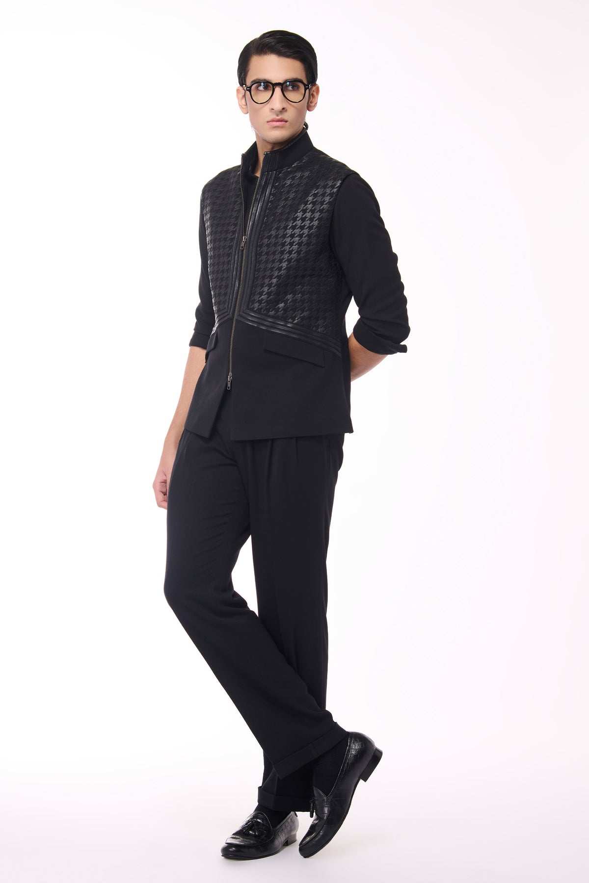 Black Waistcoat with Houndstooth Faux-Leather Detail