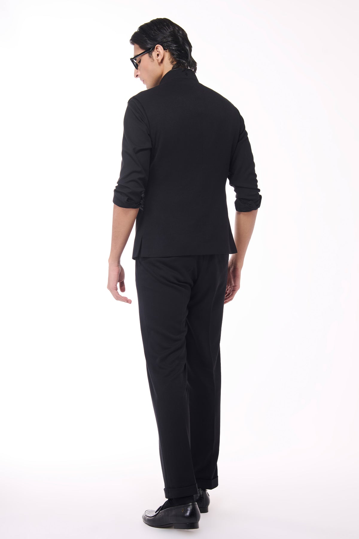 Black Waistcoat with Houndstooth Faux-Leather Detail