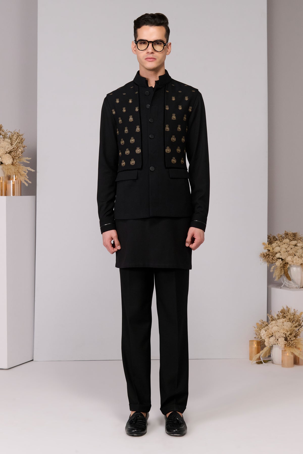 Black Classic Waistcoat with Embroidered Panel