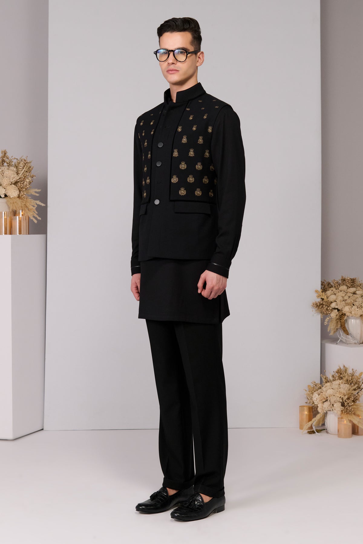 Black Classic Waistcoat with Embroidered Panel