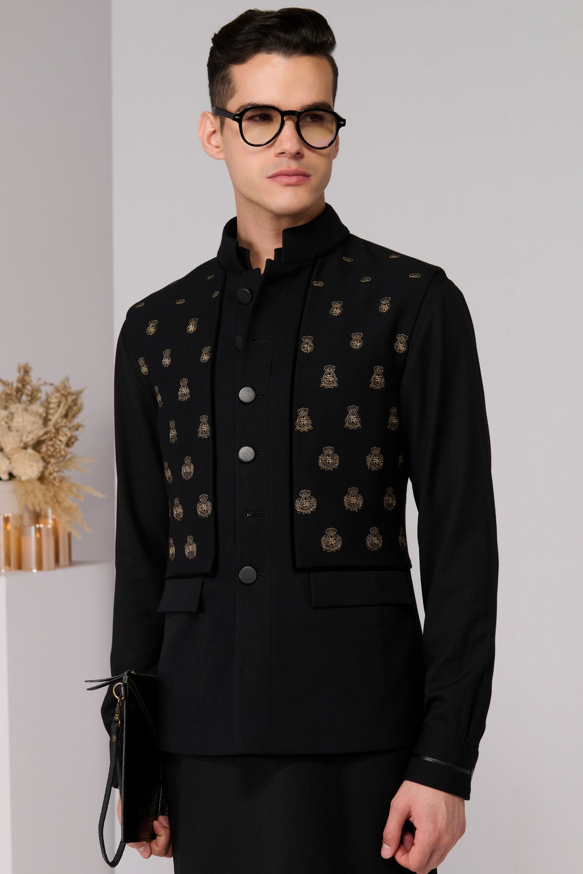 Black Classic Waistcoat with Embroidered Panel