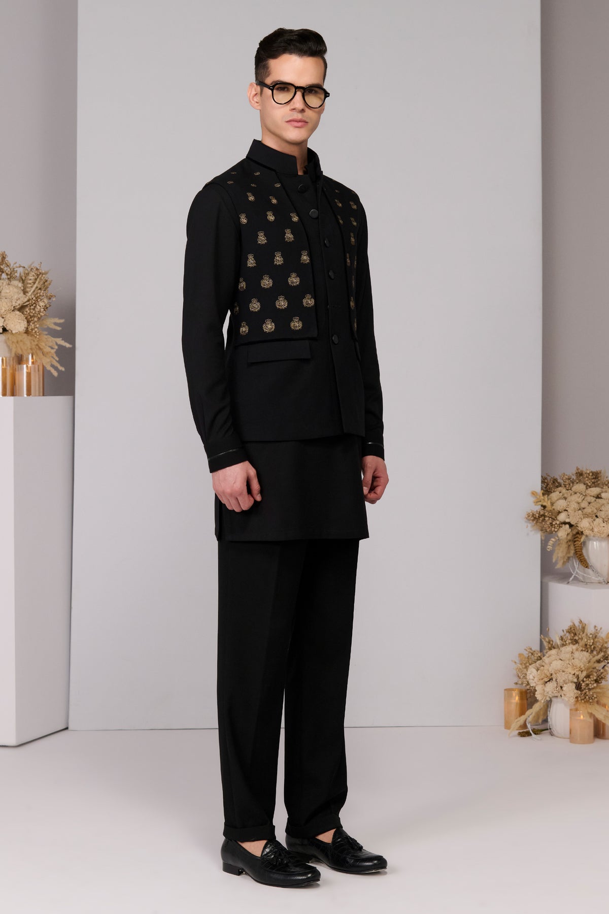 Black Classic Waistcoat with Embroidered Panel