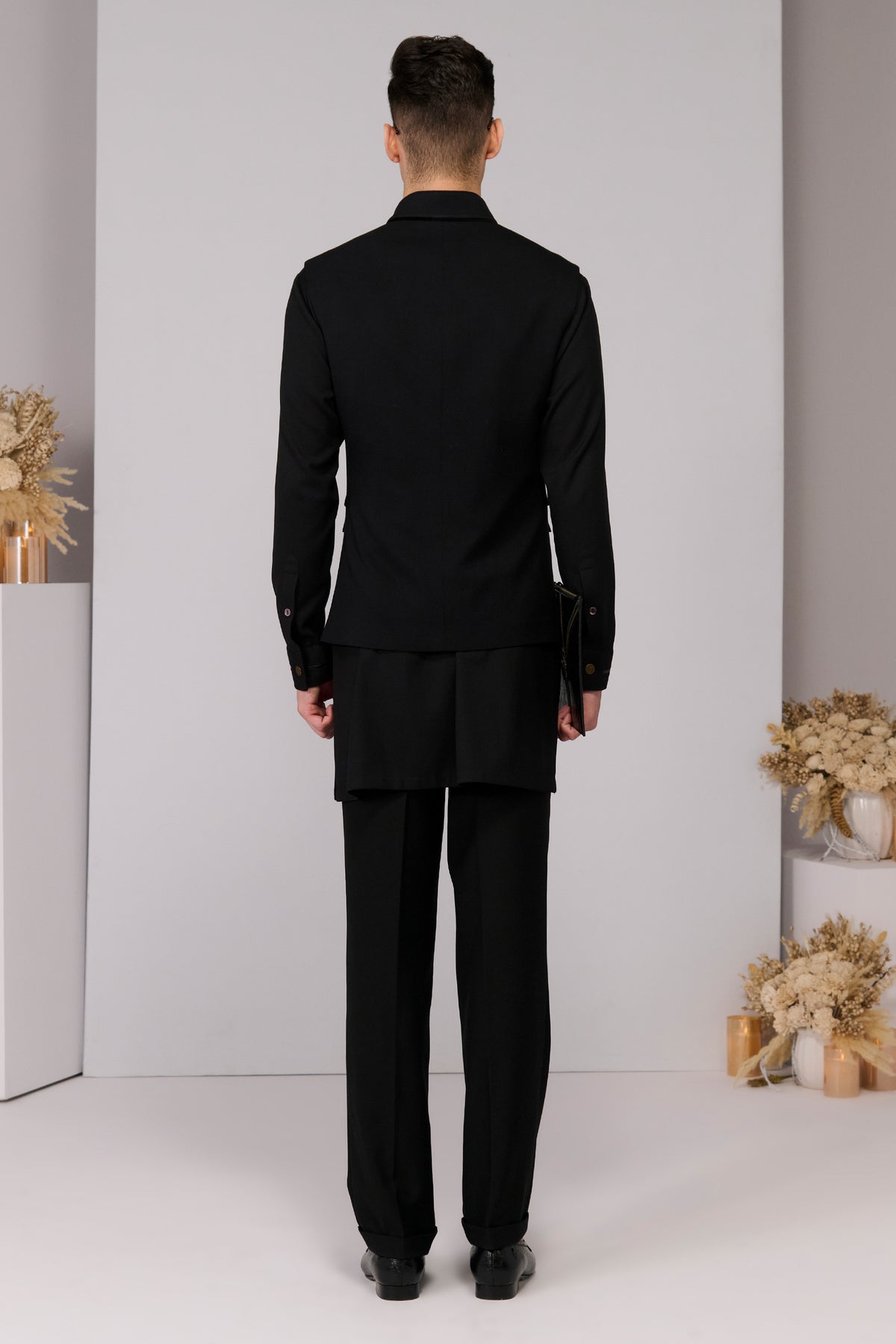 Black Classic Waistcoat with Embroidered Panel