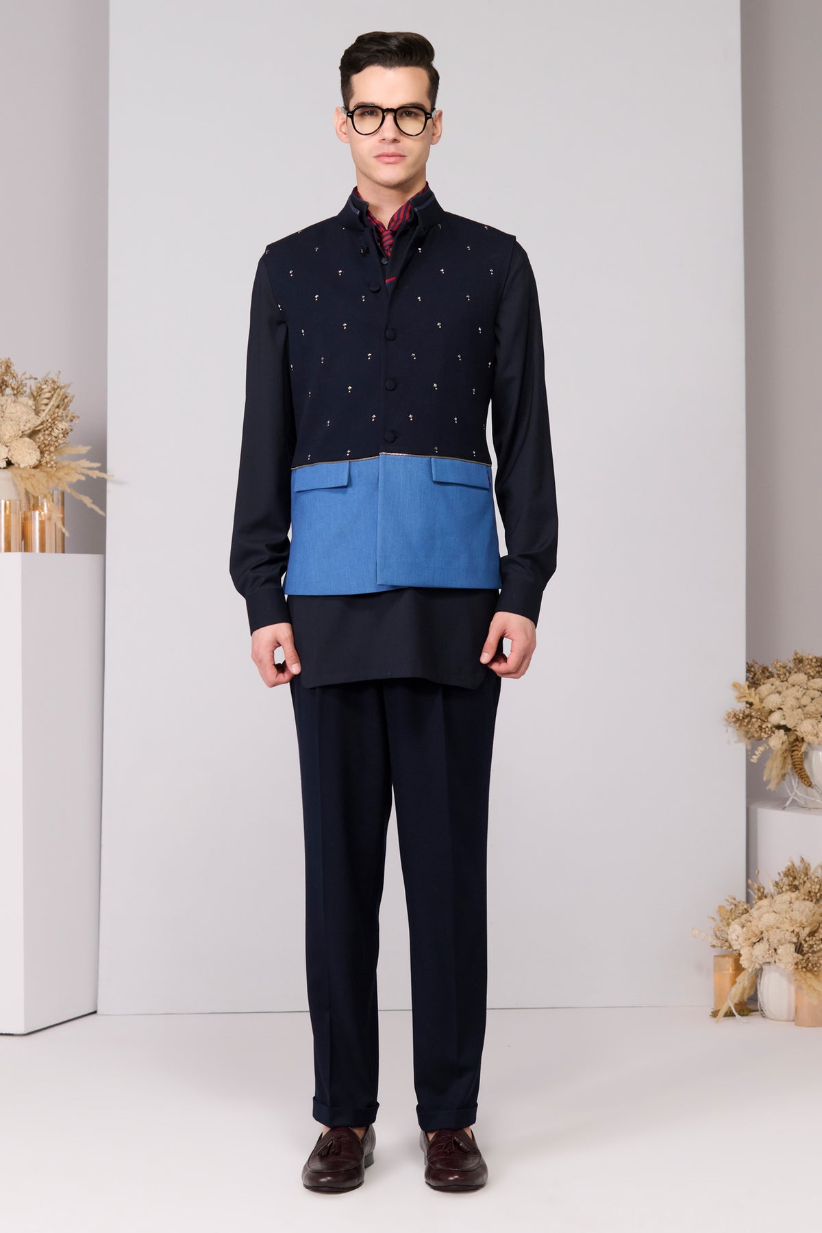 Color-Blocked Waistcoat with Rivet Accents