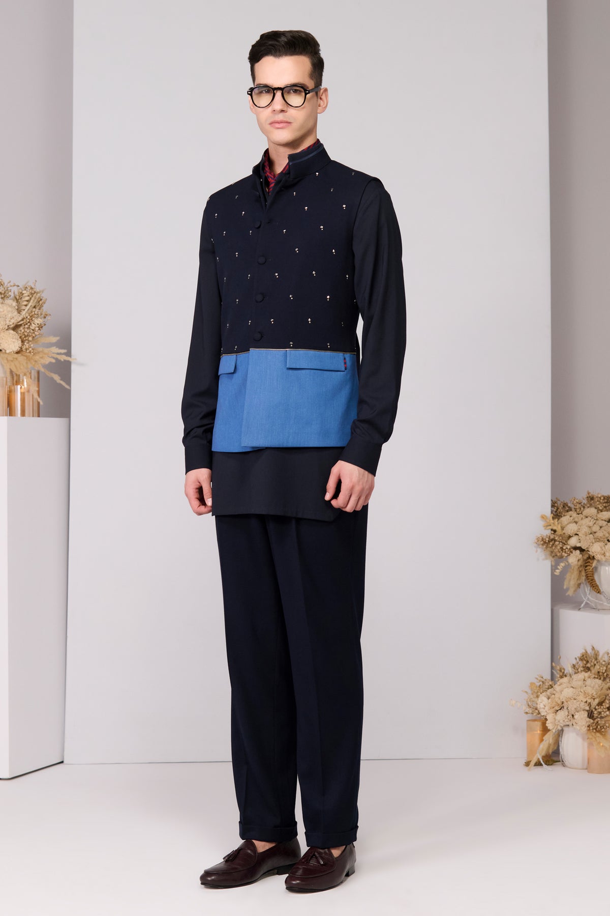 Color-Blocked Waistcoat with Rivet Accents