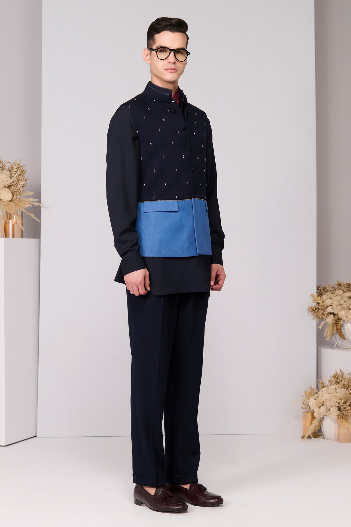 Color-Blocked Waistcoat with Rivet Accents