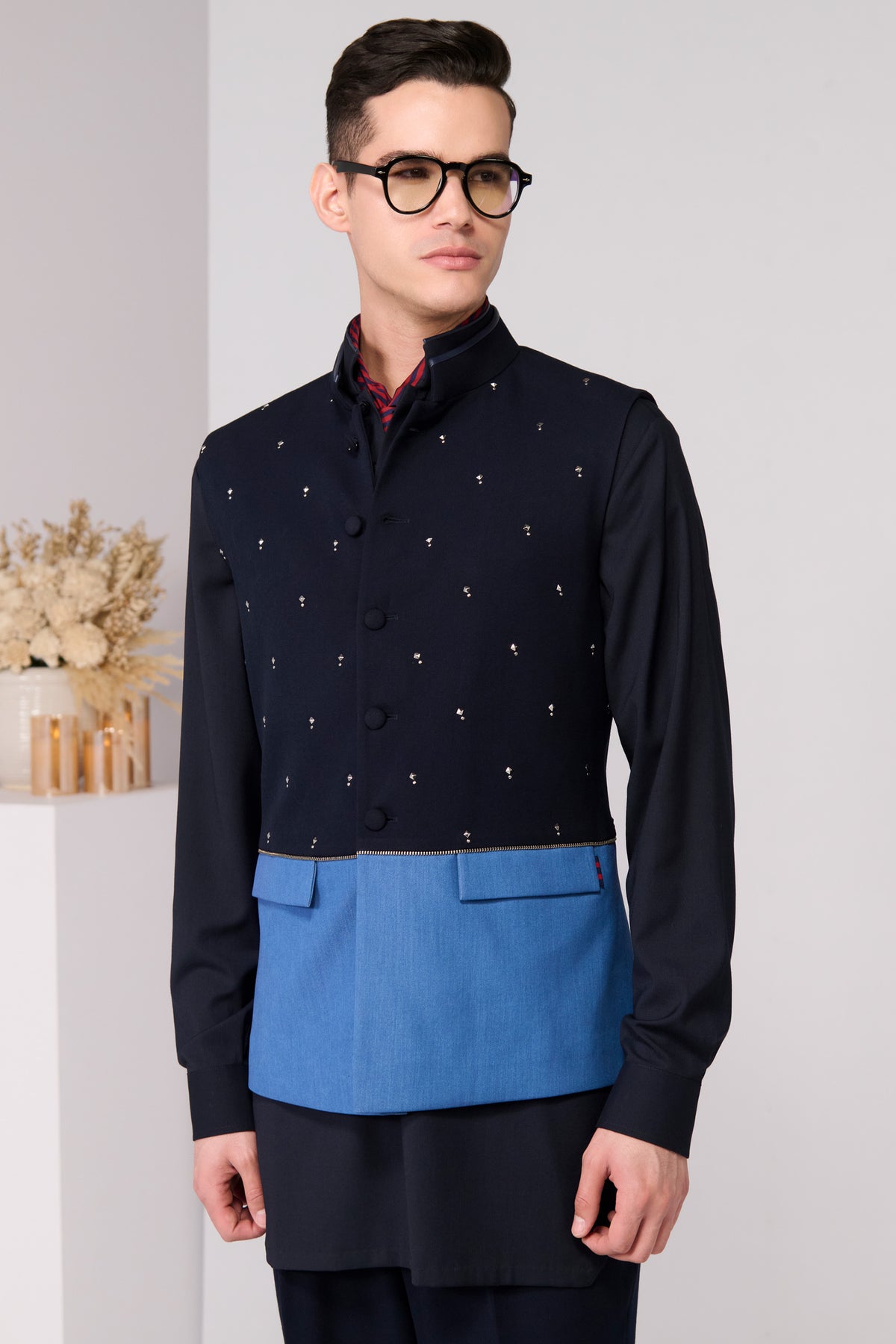 Color-Blocked Waistcoat with Rivet Accents