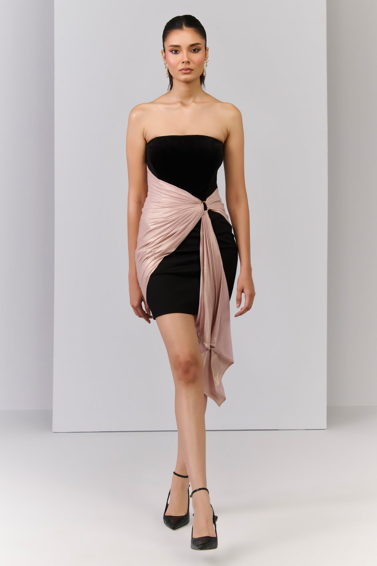 Black Corset Dress with Contrast Drape